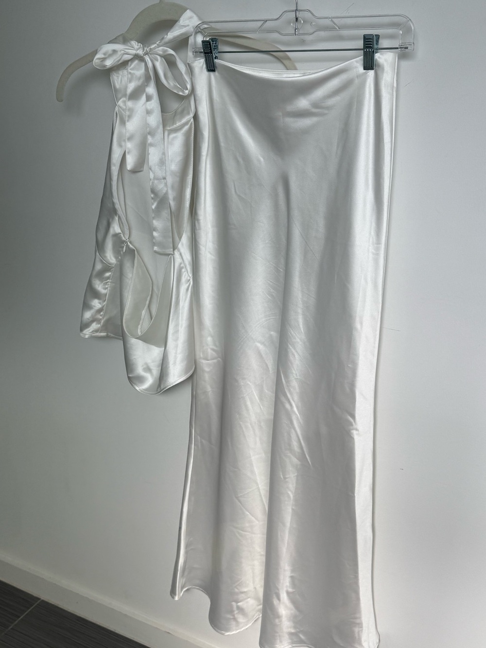 Commense White Satin Set Maxi Skirt and Halter Top